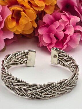 Vintage 925 Sterling Silver Braided Cuff Bracelet 7in Adjustable 14mm Wide
